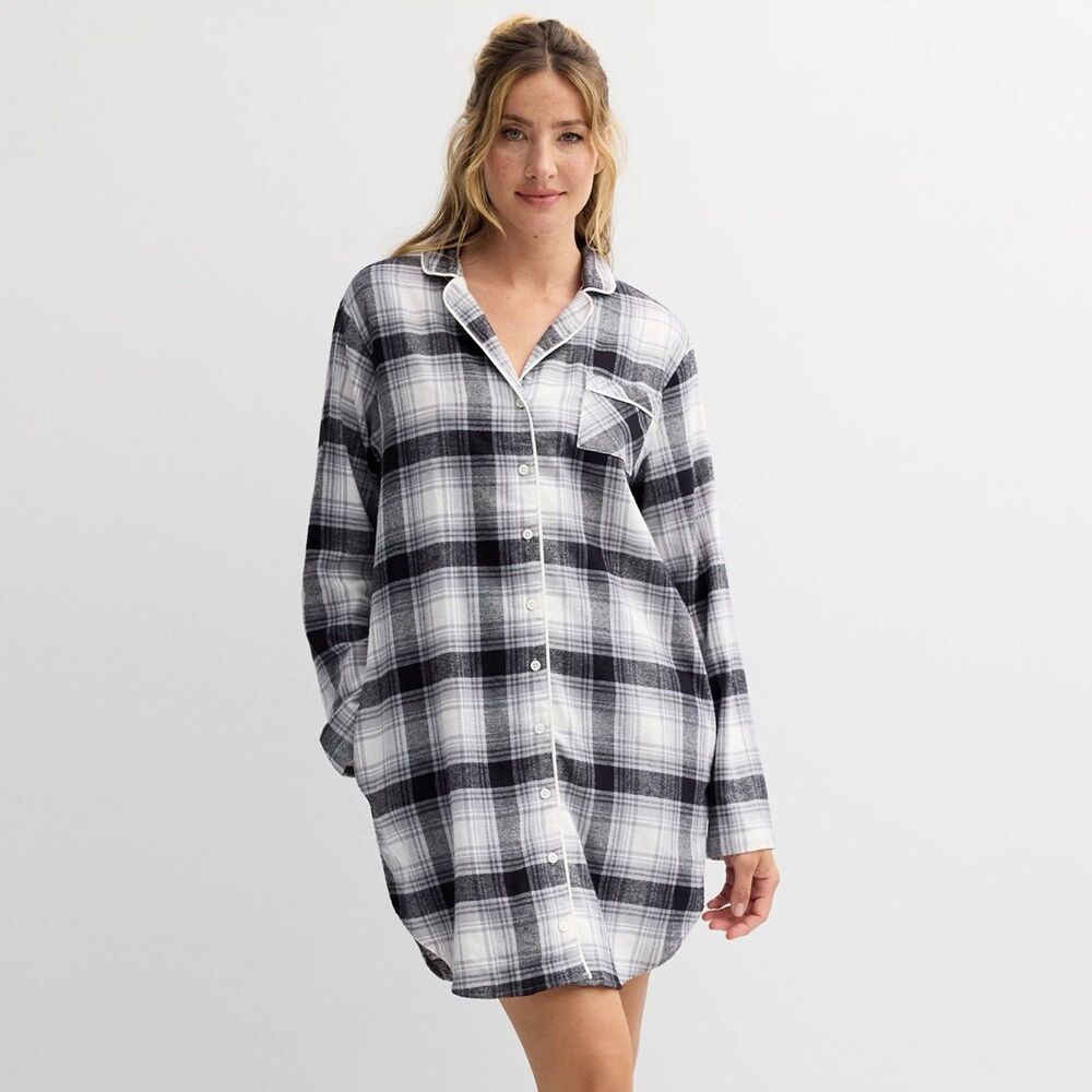 Sonoma Sleepshirt Size S Black White Plaid Womens Flannel Button Up Sleepwear